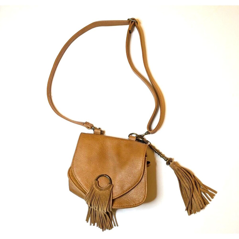 Vintage Mudd Crossbody Purse Faux Leather Brown Tassel 90s Y2K Brass Accent